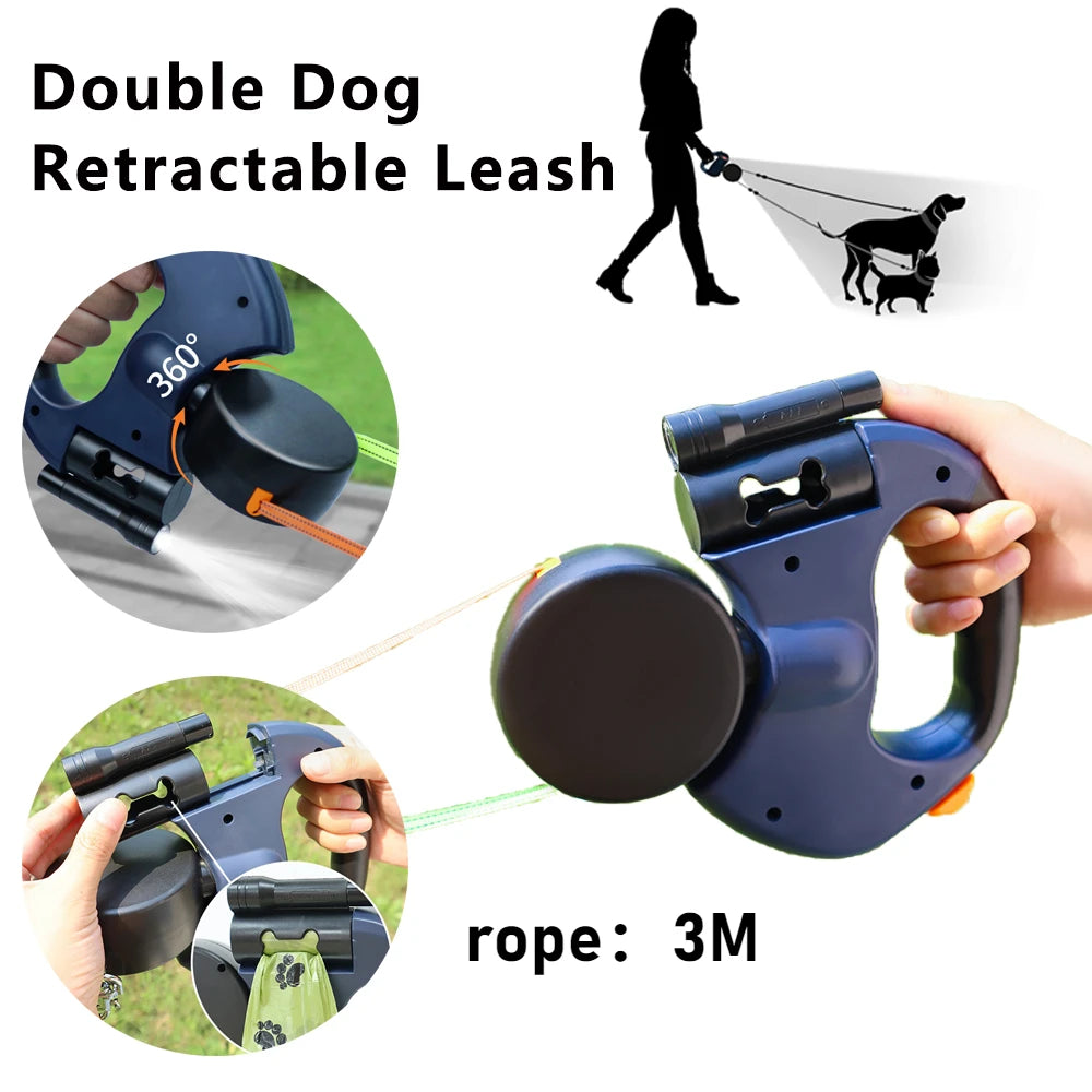 Retractable Dual Dog Leash with LED and 360° Swivel