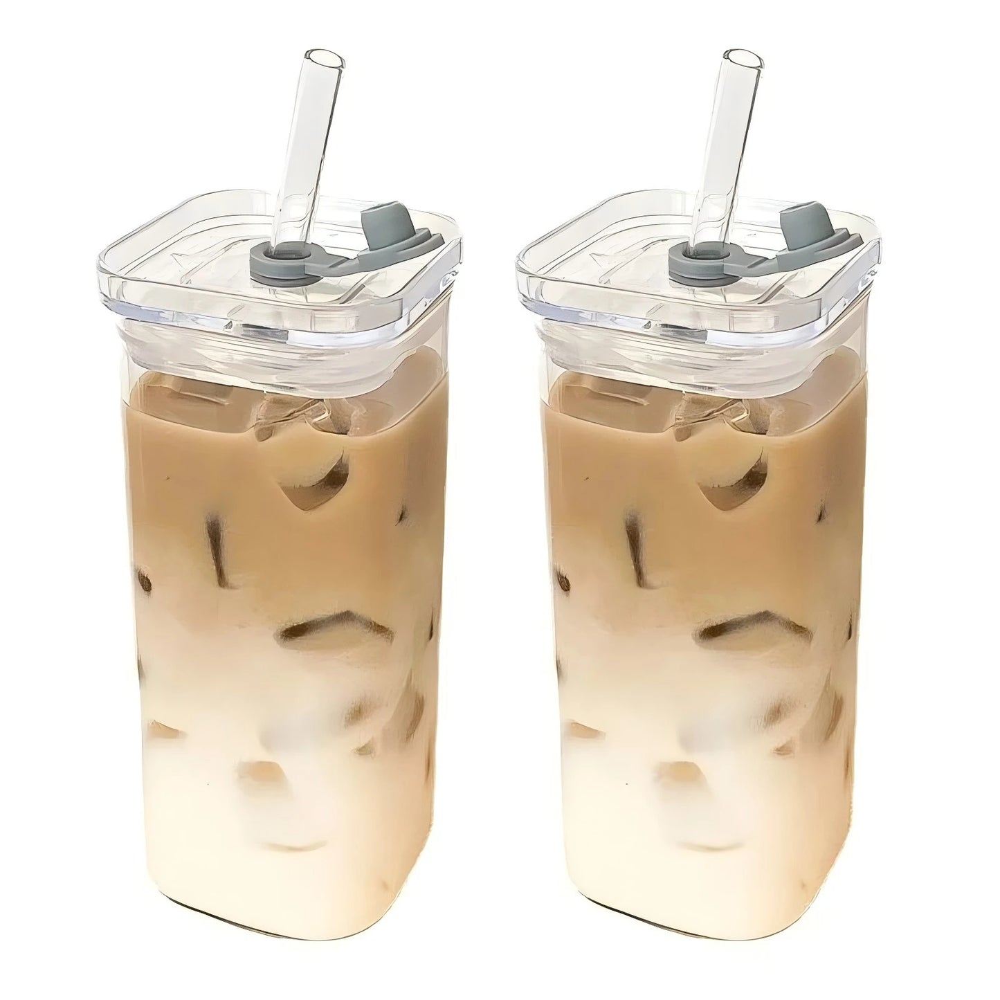 Square Heat-Resistant Coffee Glass Cup with Lid and Straw