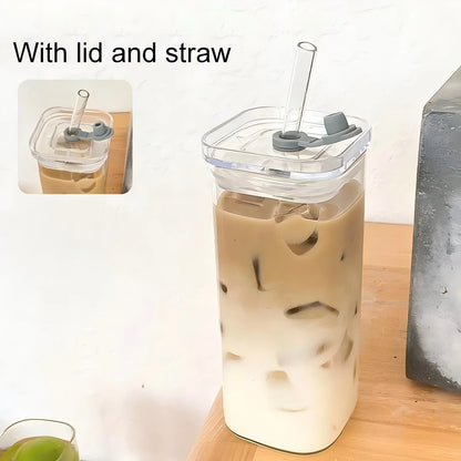 Square Heat-Resistant Coffee Glass Cup with Lid and Straw