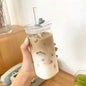 Square Heat-Resistant Coffee Glass Cup with Lid and Straw